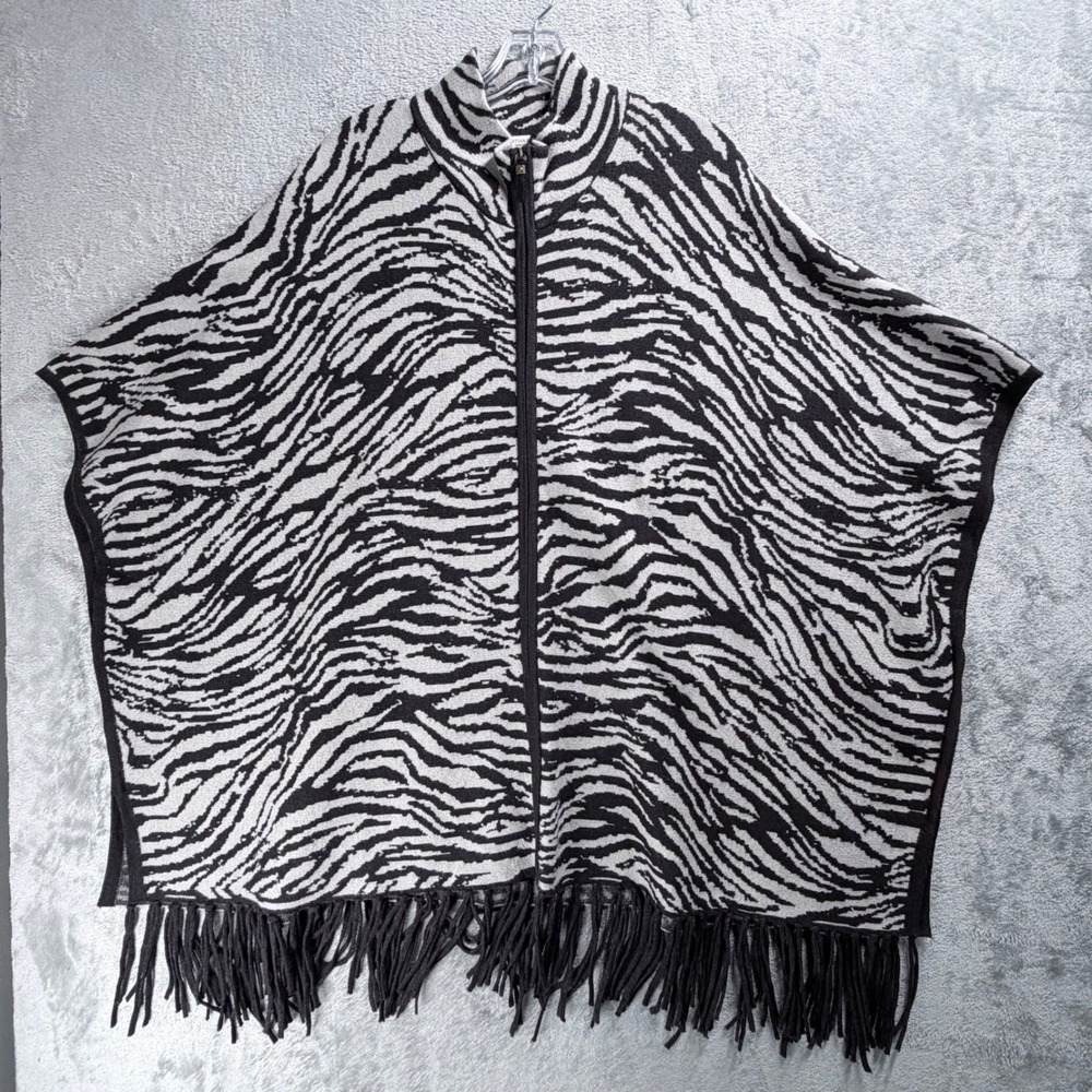 Christian Siriano Zebra Poncho Women L/XL Black White Animal Print Fringe Zip Up - Picture 2 of 9